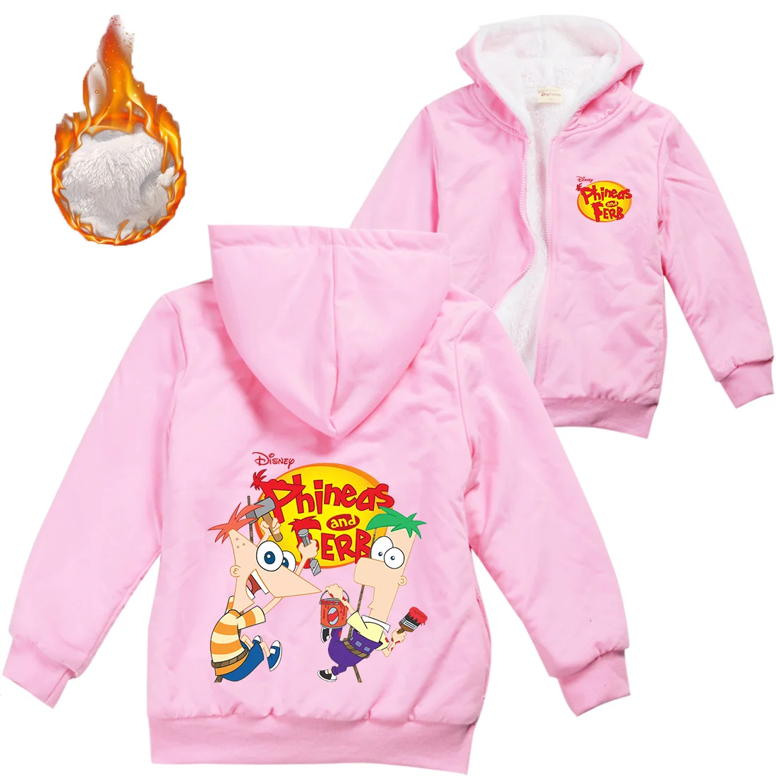 Disney Cartoon Phineas And Ferb Warm Hoodies Coat Children Casual Outerwear Sweatshirt Winter Thick Boys Girls With Zipper Coats