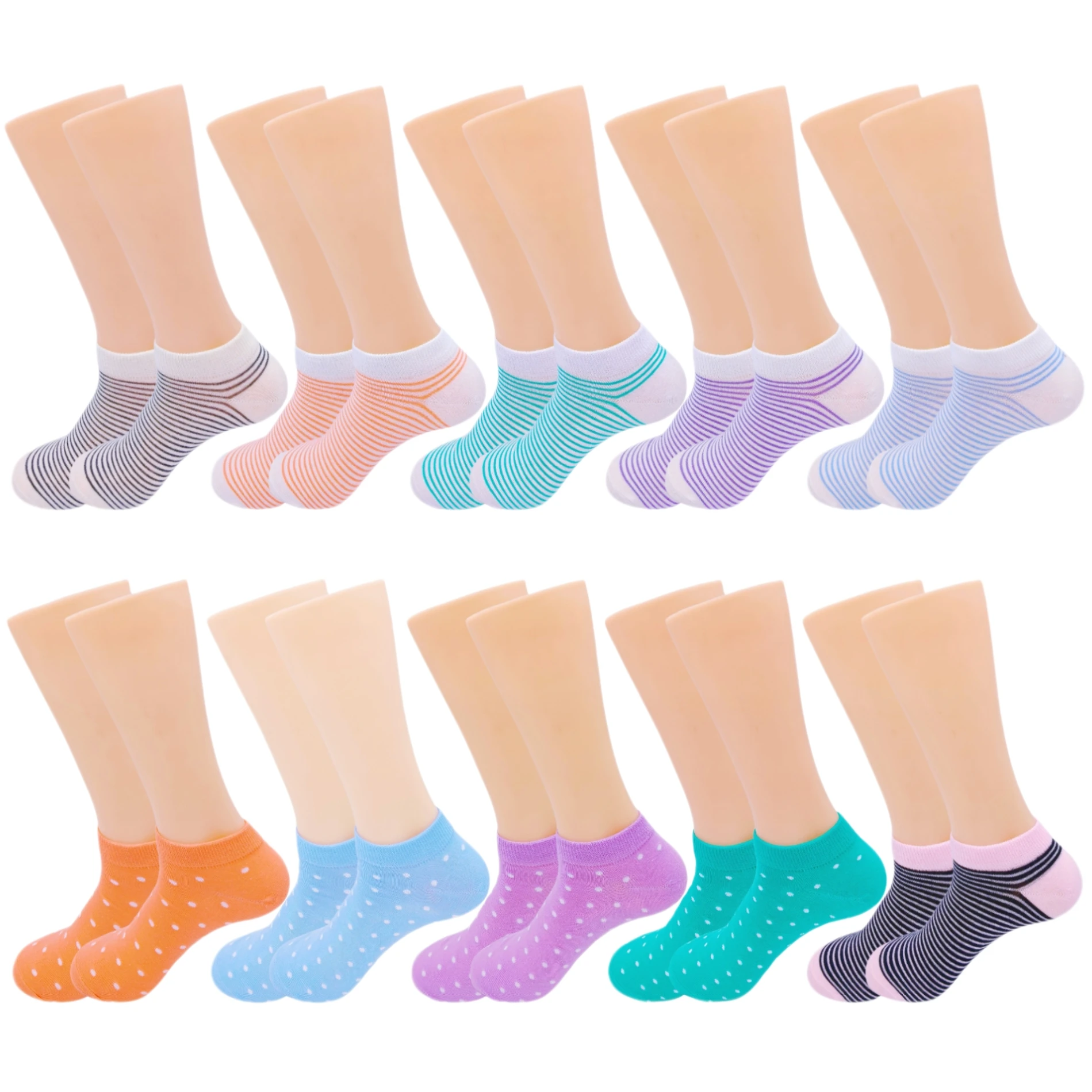 

Ten pairs of striped polka dot socks