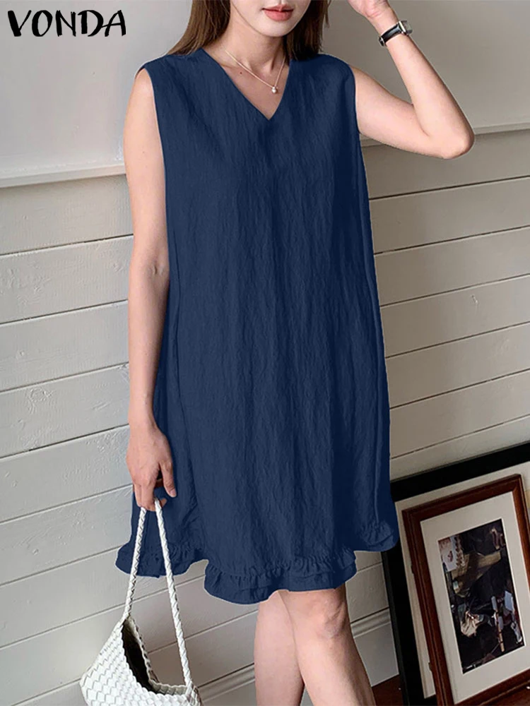 

VONDA Casual Mini Dresses Women Sexy V-Neck Solid Ruffled Sundress 2025 Summer Sleeveless Elegant Office Party Vestidos Oversize