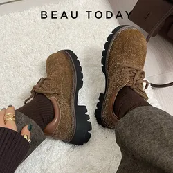 BEAUTODAY Derby Shoes Women Split Leather Lace-up Suede Big Toes Thick Sole Sewing Ladies Vintage Cowboy Shoes Handmade 21996