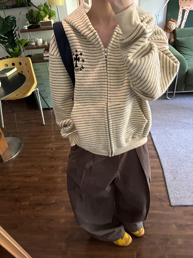 

Американский ретро-кардиган в полоску с капюшоном, женский, осенне-зимний, утепленный, свободный, повседневный, универсальный, верхняя одежда