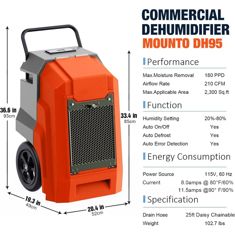 180Pints LGR Industrial Dehumidifier with Pump and Drain Hose, Portable Commercial Dehumidifier with Wheels for Home,