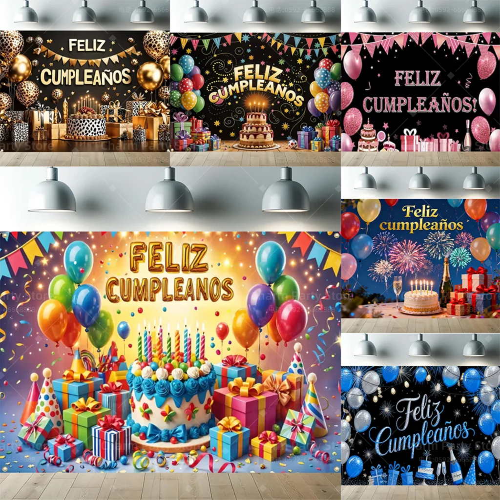 

Spanish Happy Birthday Party Decoration Backdrop Kids Feliz Cumpleaños Colorful Balloon Gifts Party Supplies Photography Props