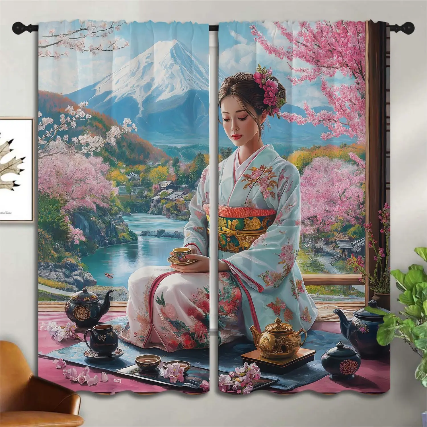 Japanese Kimono Lady Tea Set Rod Pocket Curtain Mount Fuji Cherry Blossom River Village Landscape Print Bedroom Decor