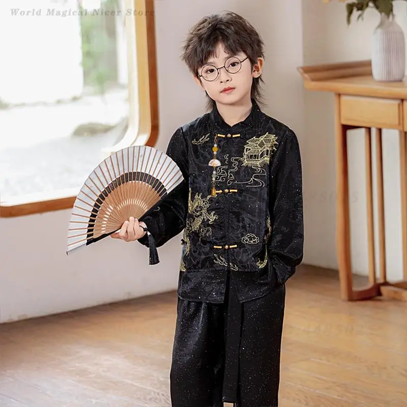 Black Tang Clothes Vintage Embroider Mandarin Collar Coat Pants Child New Chinese Style Hanfu Suit New Year Host Performance