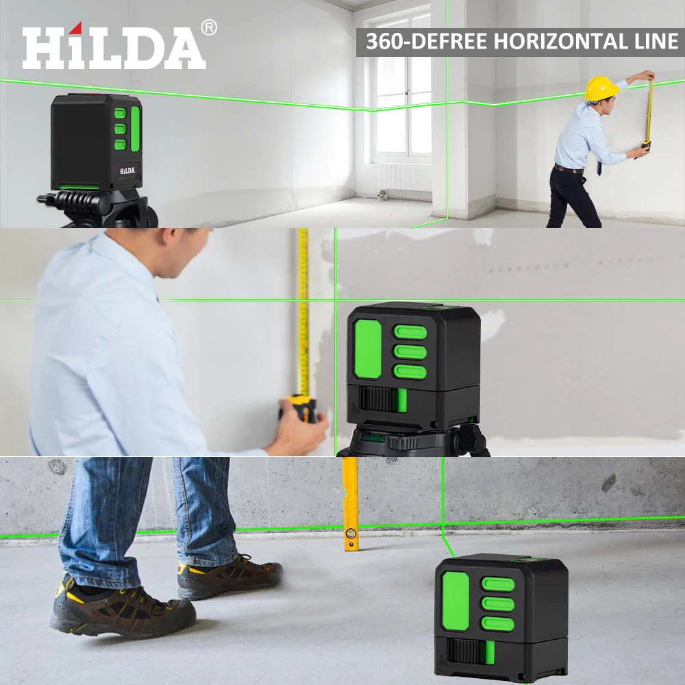 HILDA 2 Lines Laser Level Self-Leveling Meter Cross Green Level Laser Horizontal & Vertical High-Precision Measuring Tools ﻿