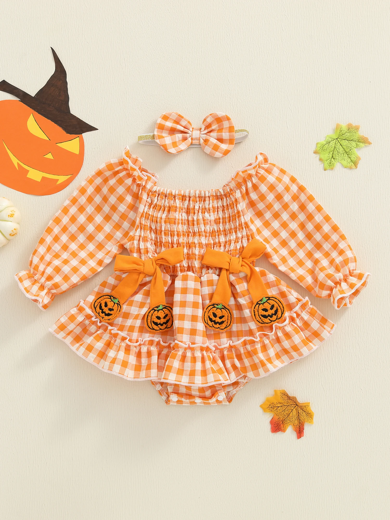 Halloween-Stramplerkleid für Babys und Mädchen mit Schleife und Stirnband, langärmelig, karierter Druck, elastischer Ausschnitt – Detail 8