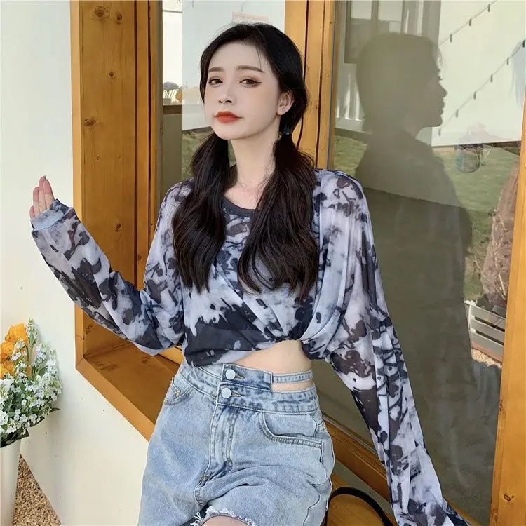 Tie Dye Long Sleeve T-shirts Women Breathable Summer O-neck Design Mesh Sun-proof Loose Tshirts Korean Style All-match Tops Chic