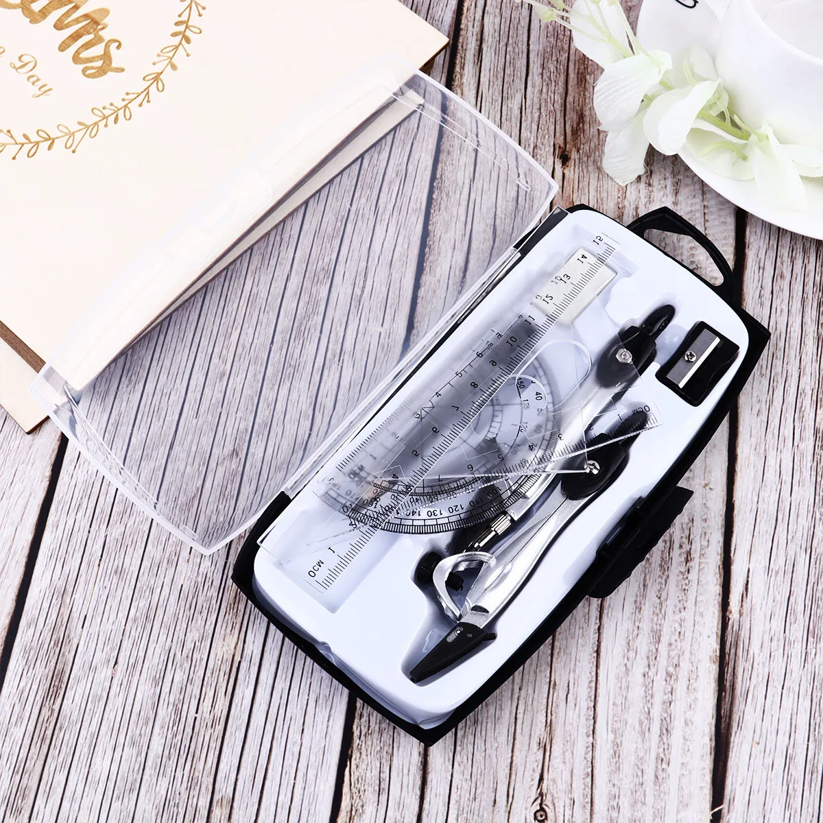 

Geometry Tool Set Metal Compass Ruler Protractor Straight Ruler Pencil Eraser Sharpener School Gift