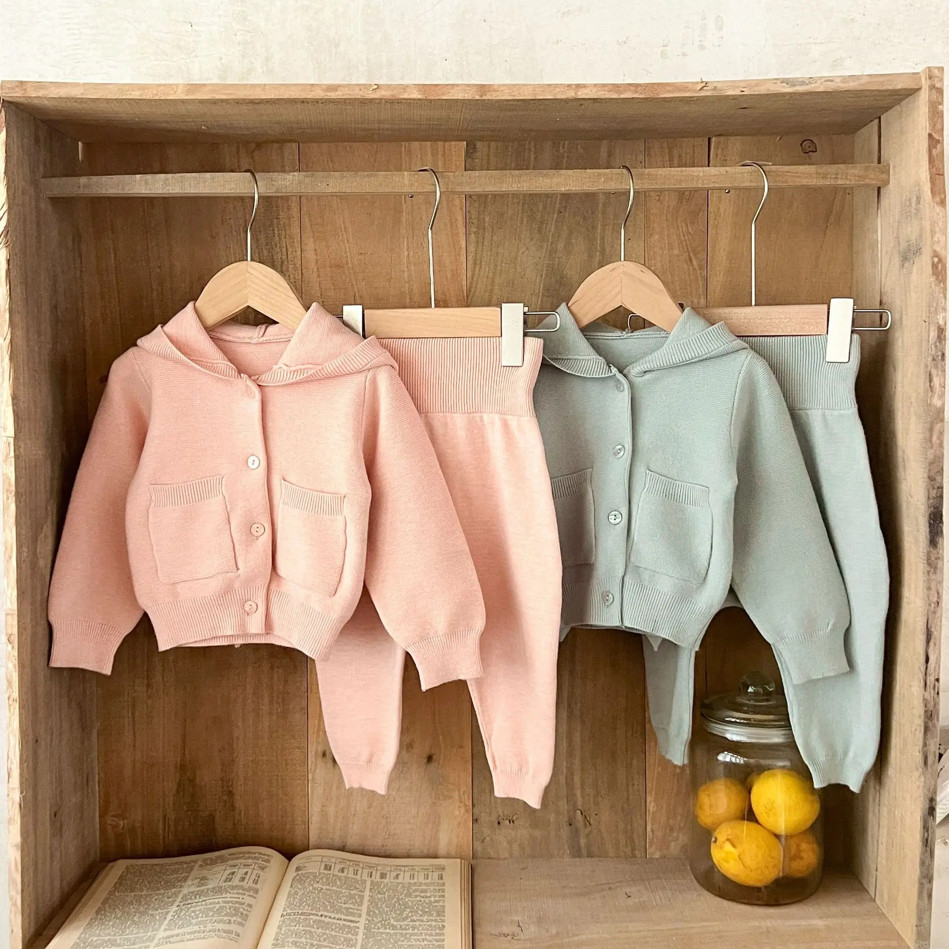 2026 New Spring Fall Baby Hooded Knit 2Pcs Set | Cardigan + High-Waist Pants | Korean Soft Newborn Outfit