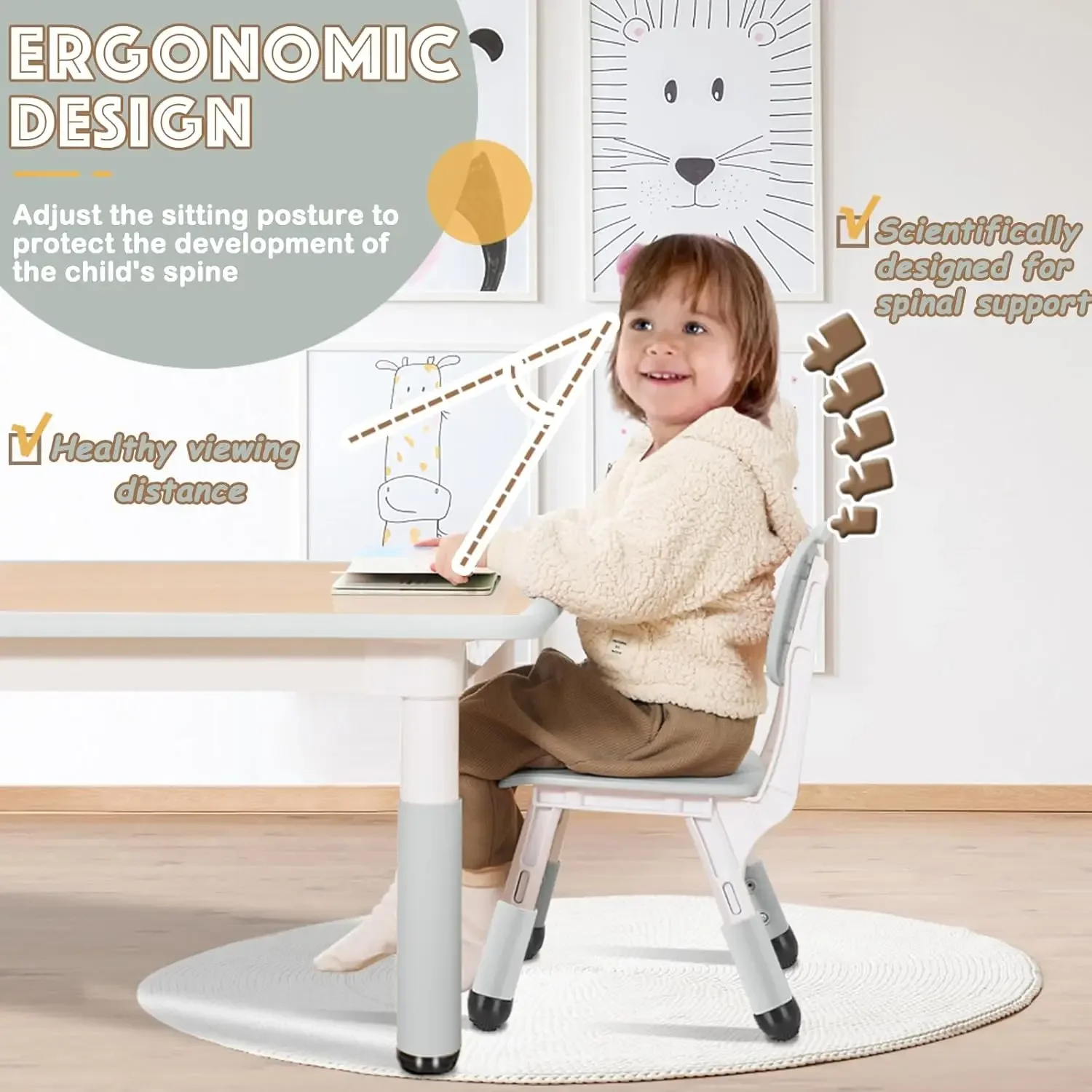 Table and Chairs Set, Height Adjustable Desk With 6 Seats for Ages 2-12,Arts & Crafts Table,Graffiti Desktop, Non-Slip Legs, Max