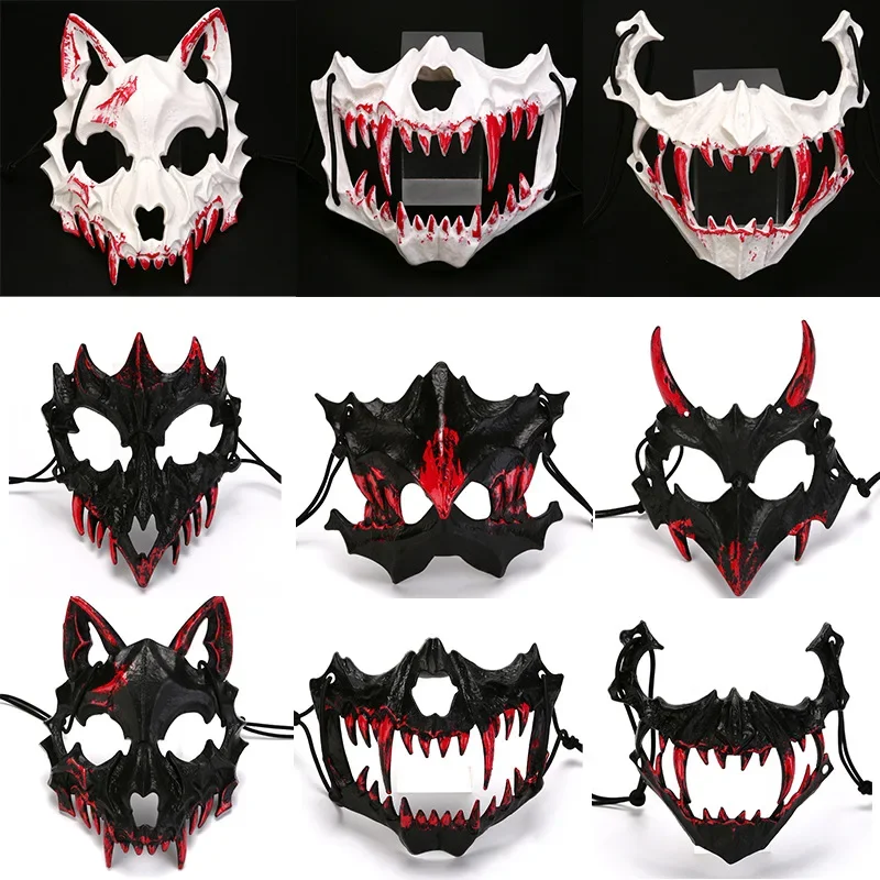 

Blood Half-Face Mask Men Dragon Tiger Wolf Mask Horror Christmas Halloween Costume Props Animal Skeleton Mask Party Cosplay Prop