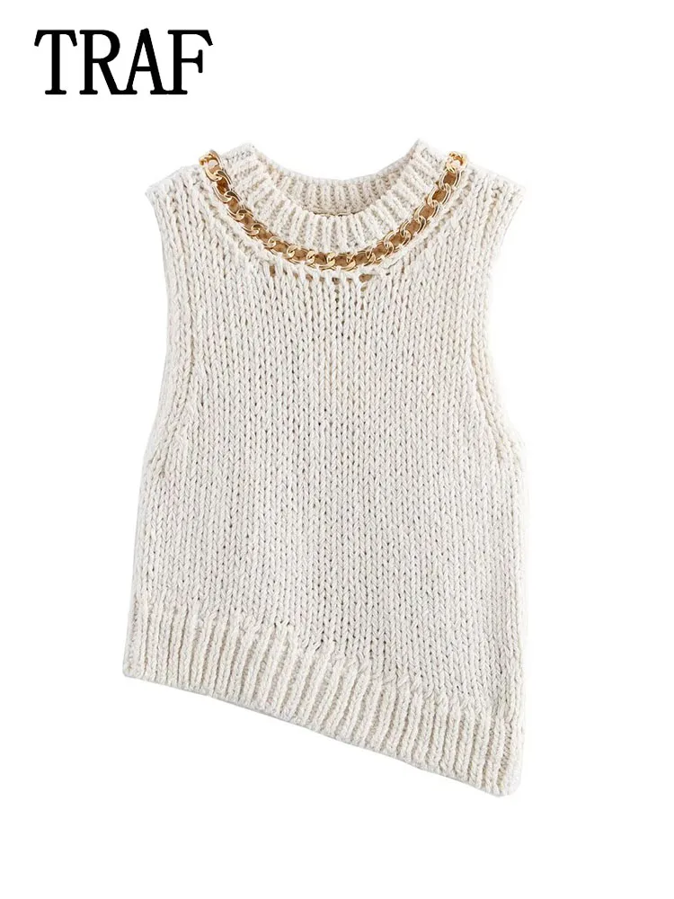 TRAF Women Knitted Vest New Fashion O-Neck Cropped Sweaters Vests for Women Sleeveless Pullover Casual Female Chic Top