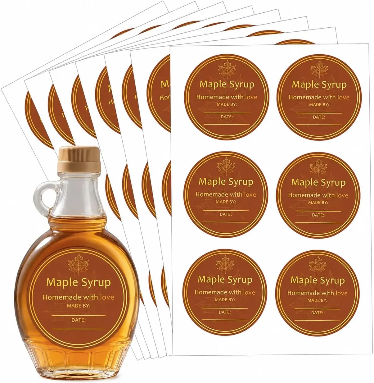 120 Homemade Maple Syrup Labels, 2 Inch Round Maple Leaf Stickers Gold Vinyl Bottle and Jar Labels for Canning, Farm Market