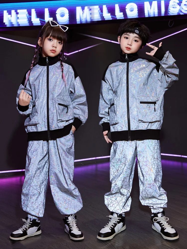 Kinder Street Dance Kleidung Set Junge Fantasie Reflektierende Anzug Hip Hop Leistung Kostüm Für Mädchen Laufsteg Kind Trommel Kleidung