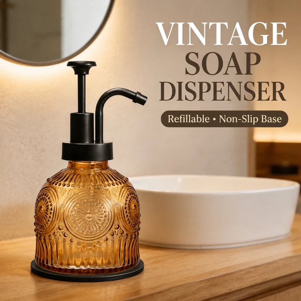 Amolliar 8 Oz Glass Vintage Soap Dispenser Antique Rustic Hand Soap Dispenser for Bathroom/Kitchen, Vintage Farmhouse Style
