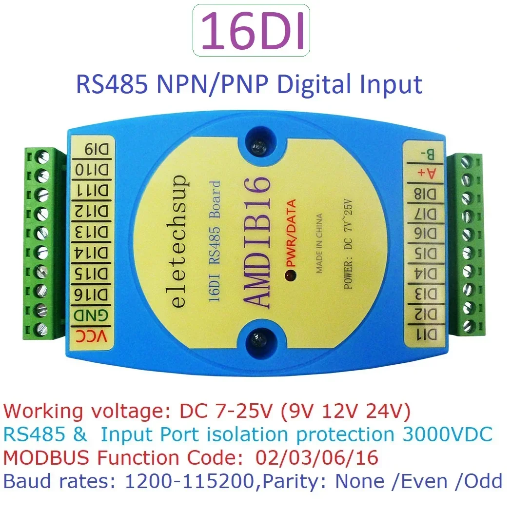 AMDIB16 16DI DC 12V 24V NPN PNP Digital Input Module RS485 Isolated Communication MODBUS RTU PLC Expansion Board