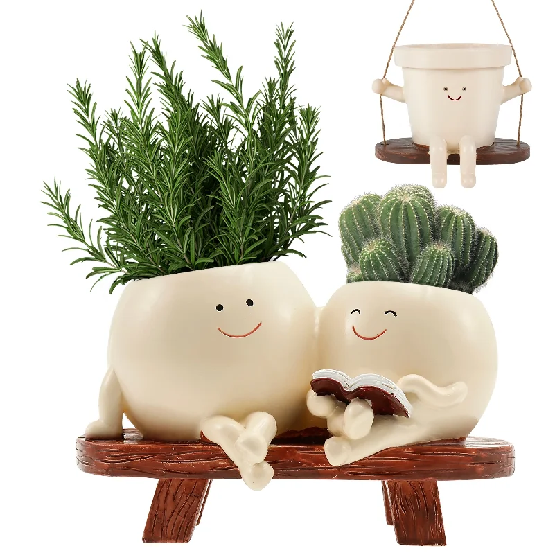 Smile Face Planter Resin Flower Pot Planter with Drainage Hole Novelty Design Succulent Flower Pot Home Garden Flower Container