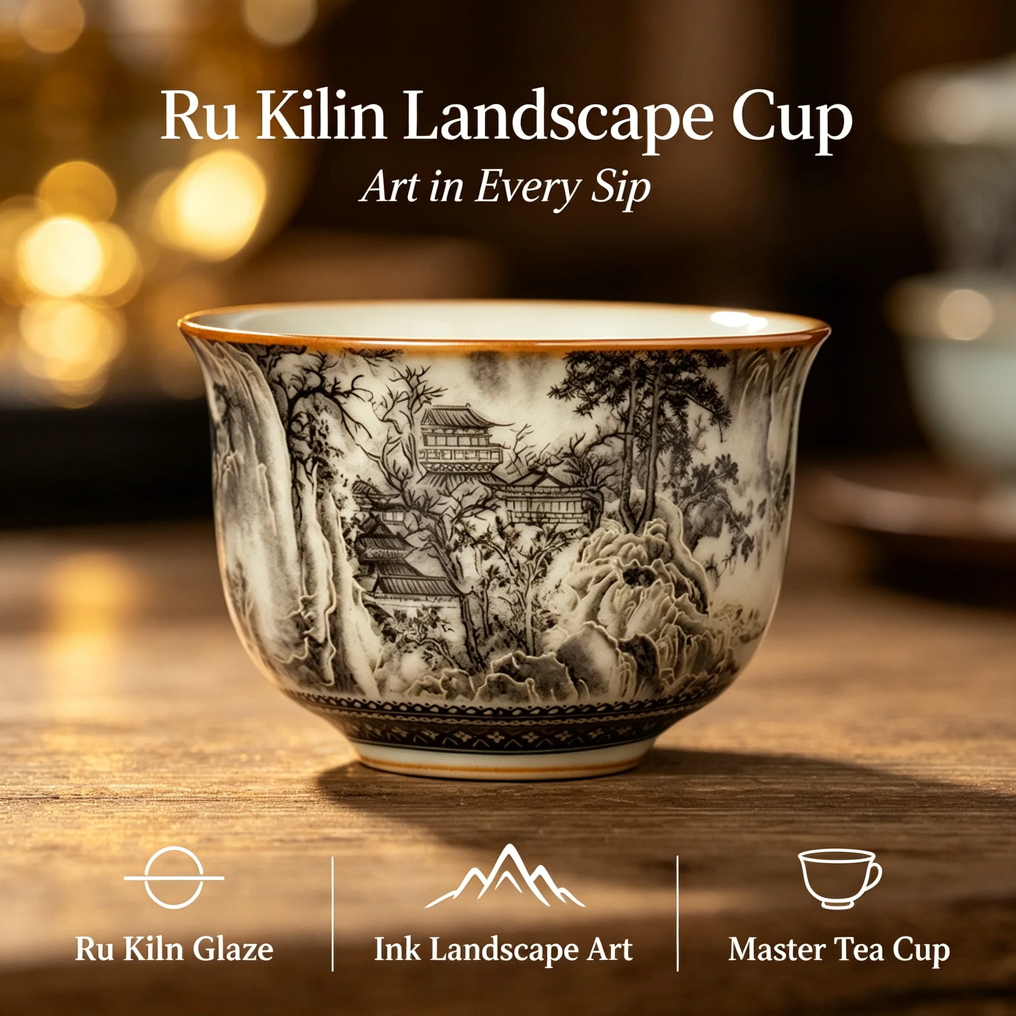 Ru Kiln Hand Painted Ink Landscape Round Ding Master Tea Cup Single Kung Fu Tasting Cup Home Office Gift