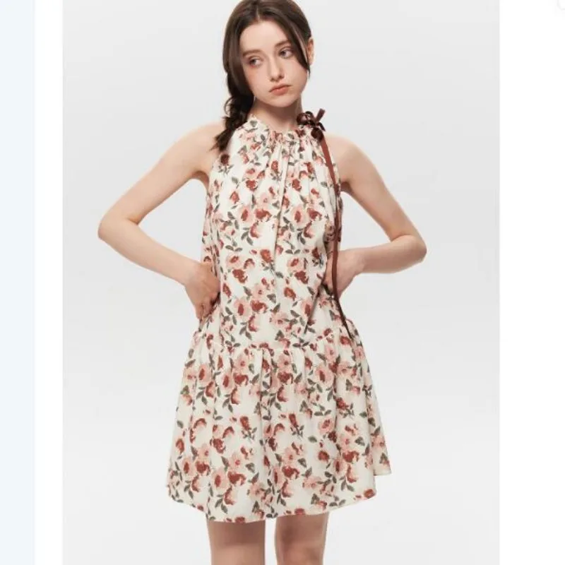 2025 verão halter floral mini vestido feminino hotsweet fora do ombro a linha sem mangas vestidos y2k moda festa