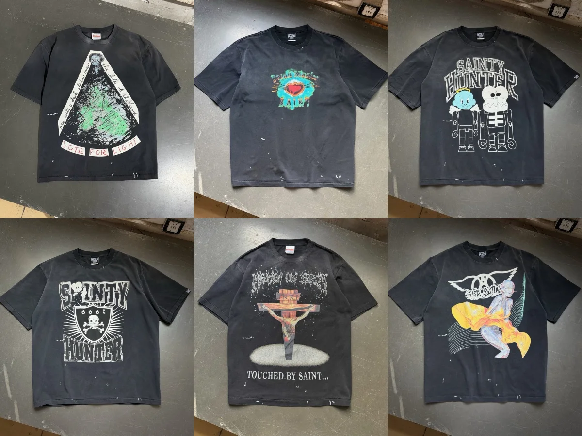 Saint HUNTER 666 Skull Print T-shirt Men Vintage Washed Distressed Oversized Cotton Streetwear Short Sleeve Casual Tee Tops