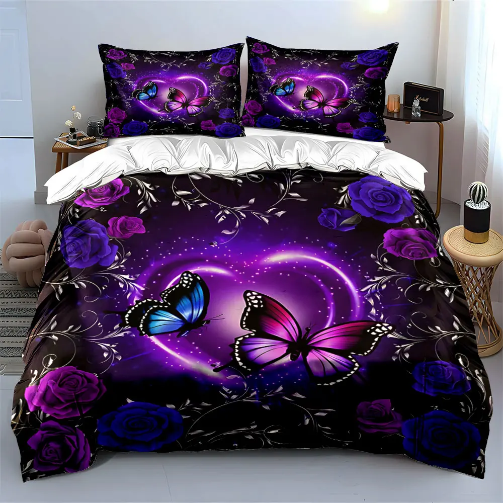 Two Butterflies and Roses Bedding Set for Kids Luxury Gift 3pcs Digital Print Comforter Set Soft Comfortable Breathable