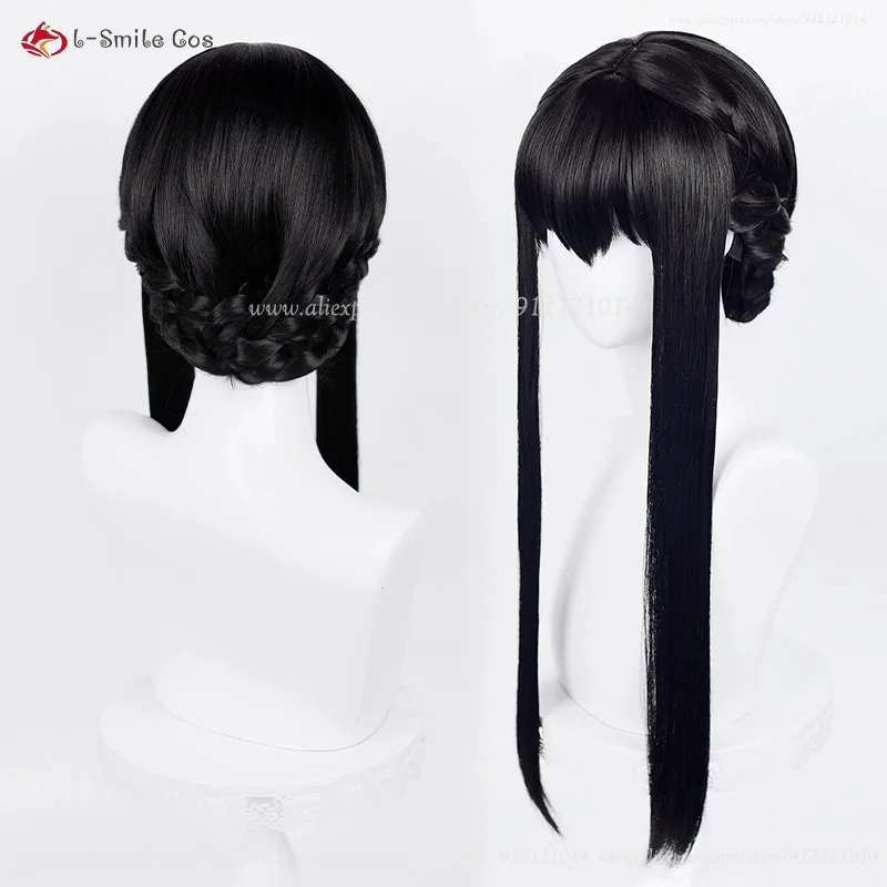 Perruque Cosplay Synthétique Noire Longue Yor Forger, Coiffure avec Bonnet pour Halloween