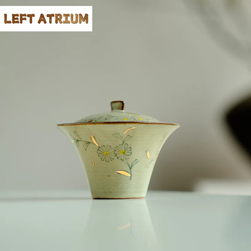 

120ml Outline in Gold Tea Bowl Hand-painted Small Daisies Gaiwan Retro Tea Tureen Tea Making Cover Bowl Tea Ceremony Gift Kettle