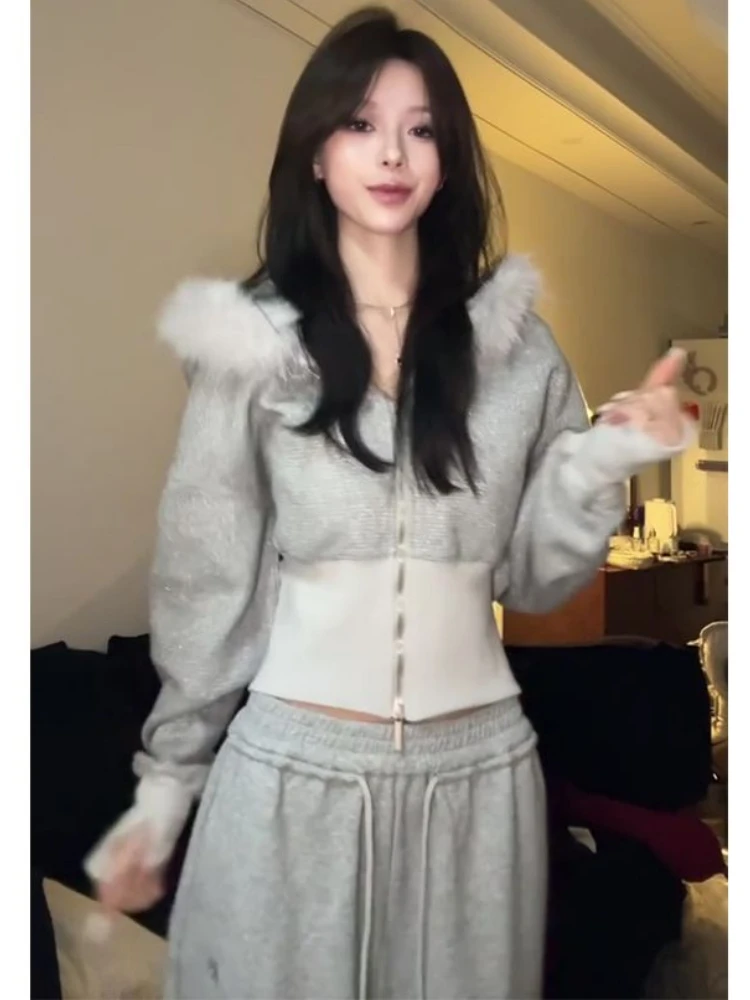 Spring Autumn Cropped Jacket Fur Collar Hooded Sweatshirt Long Sleeve Coat Y2k Tops Slim Streetwear Zips Outerwear Aesthetic Top