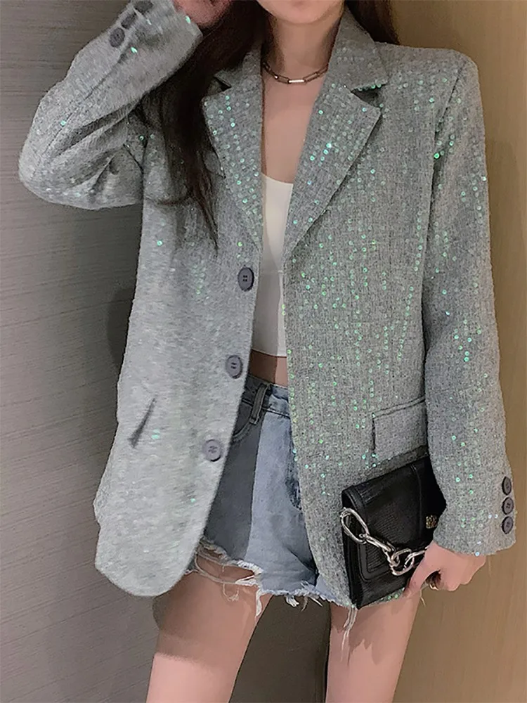 Party Shiny Suit Jacket Women Long Sleeve Casual Outerwear Fashion Sequined Blazer Tops Single Breasted Office Ladies Blazers