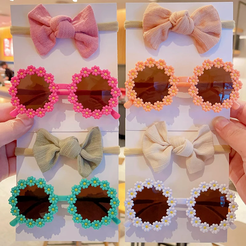 2Pcs/Set New Children Cute Fashion Acrylic Daisy Sunglasses UV400 Colors Lovely Soft Bowknot Headbands Set Kids Hair Accessories