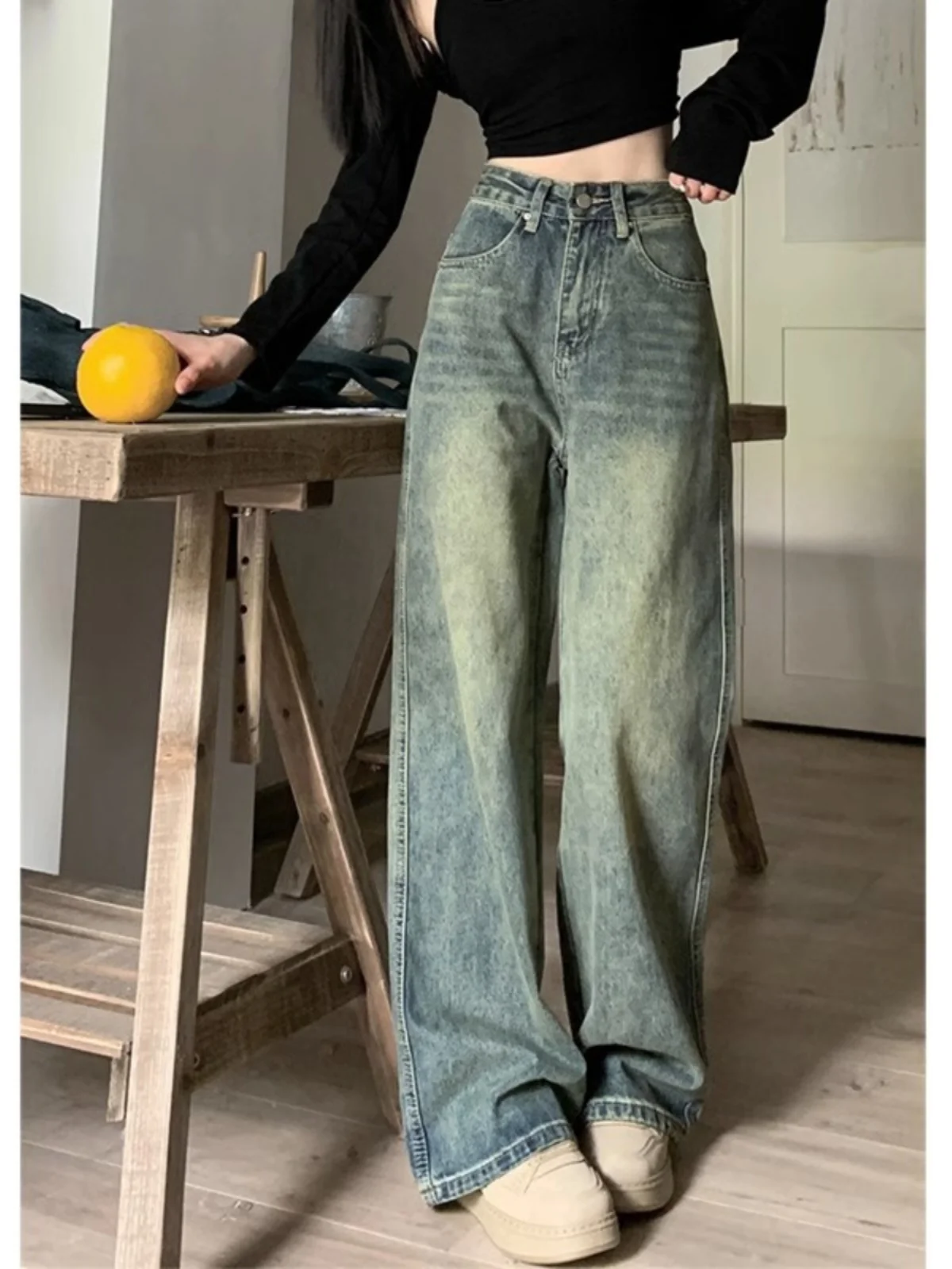 

American Sle High Street Distred Denim High Waist Wide Leg Pants for Women Spring Autumn Straight Cut Floor Length Trendy