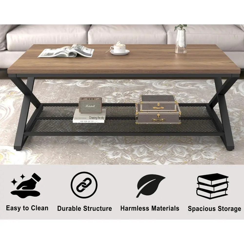 Rustic Oak 47 Farmhouse 2-Tier Metal & Wood Coffee Table with Storage for Living Room and Office