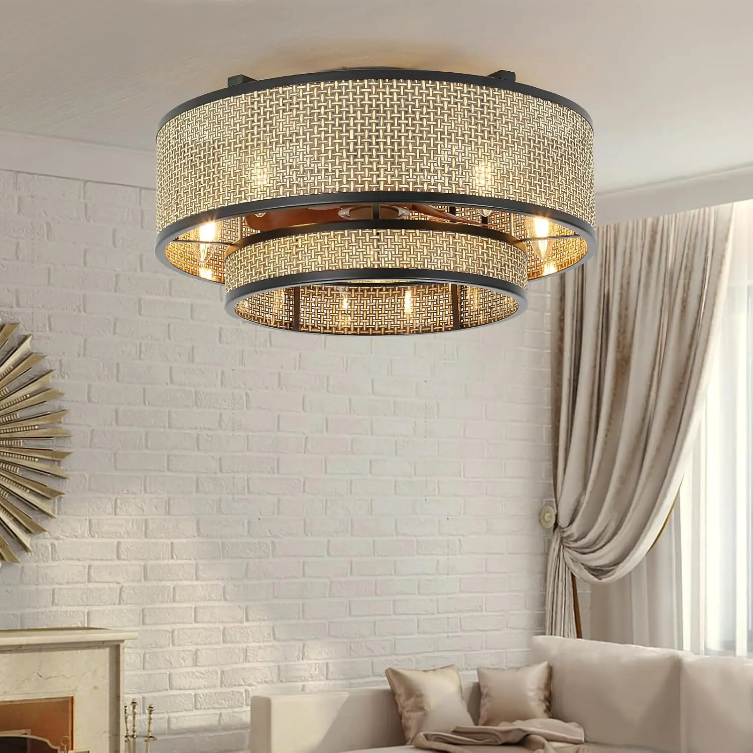 Boho Ceiling Fan with Light 6-Speed Low Profile Chandelier with Remote Control,Bladeless/Quiet DC Motor,for Bedroom Kitchen