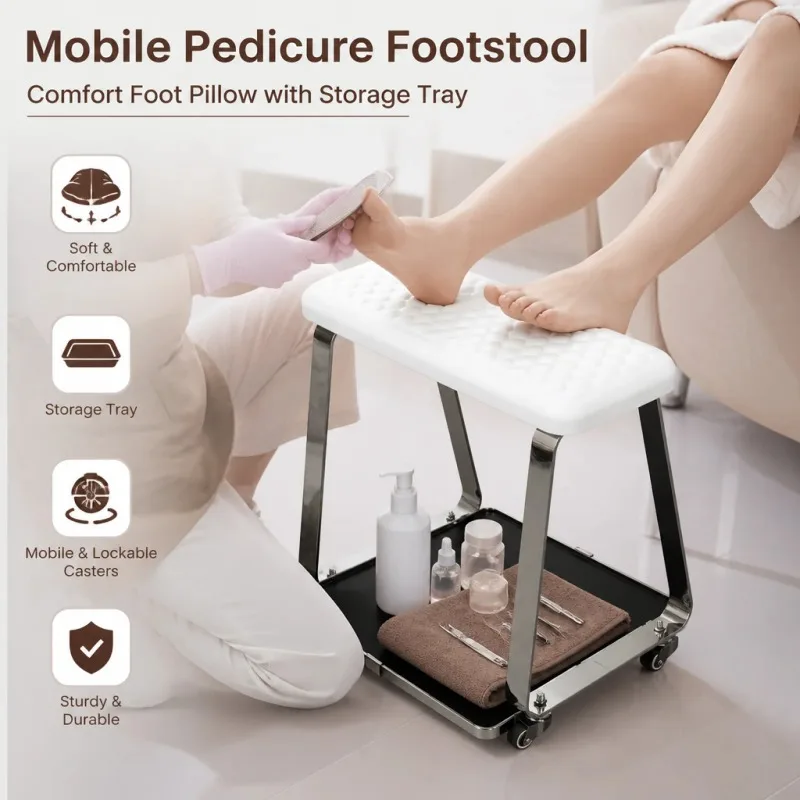Mobile Pedicure Stool Portable Salon Foot Rest Bench Nail Technician Foot Rest Space Saving Beauty Equipment 360° Wheels for Spa