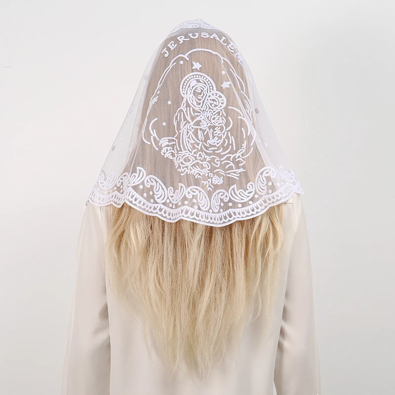 1Pc Women's Elegant Solid Color Virgin Mary Embroidery Lace Triangle Scarf Shawl Headscarf Hijab Wedding Scarves