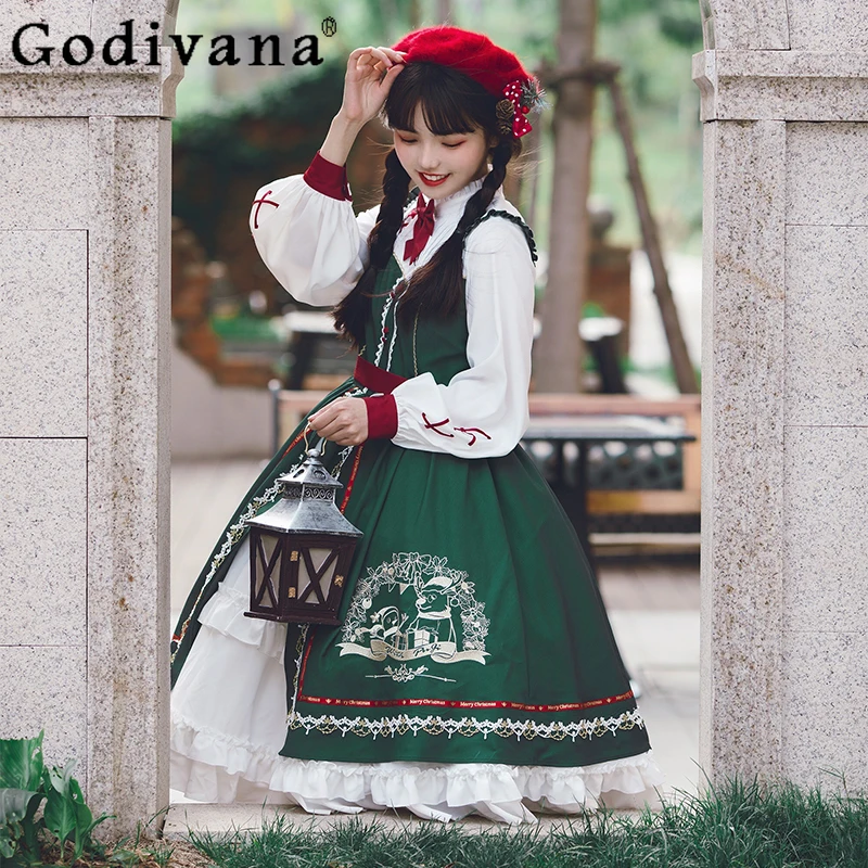 

Autumn Winter Long Sleeve Ruffles Stand-up Collar Fake Two-piece Lolita Dress Girl Christmas High Waist Age-reducing Dresses