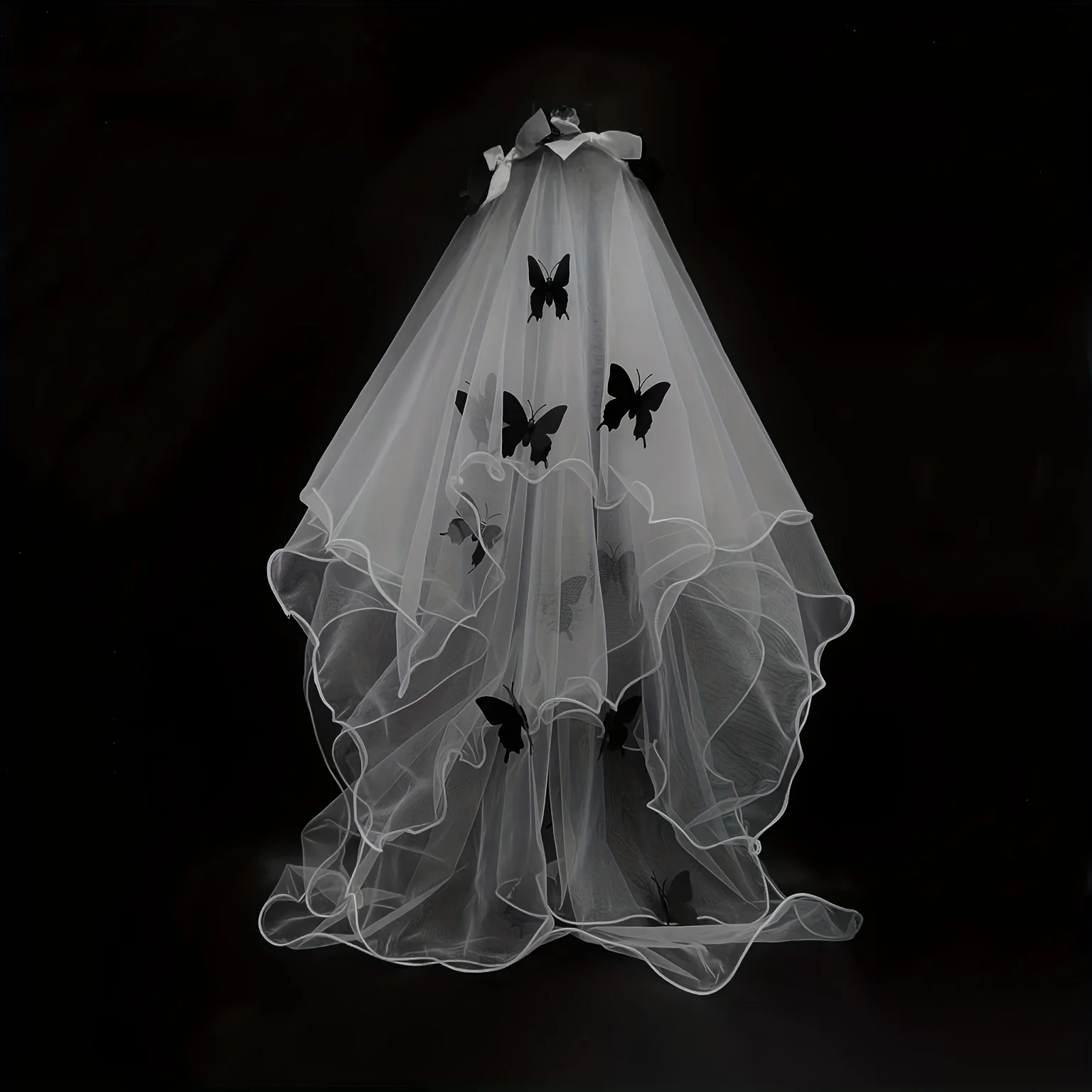 1 Halloween Bridal Veil With Black Butterfly, 4 Layers Of Pleated Long Headband, Polyester, Need Power, Used For Parties Dances,