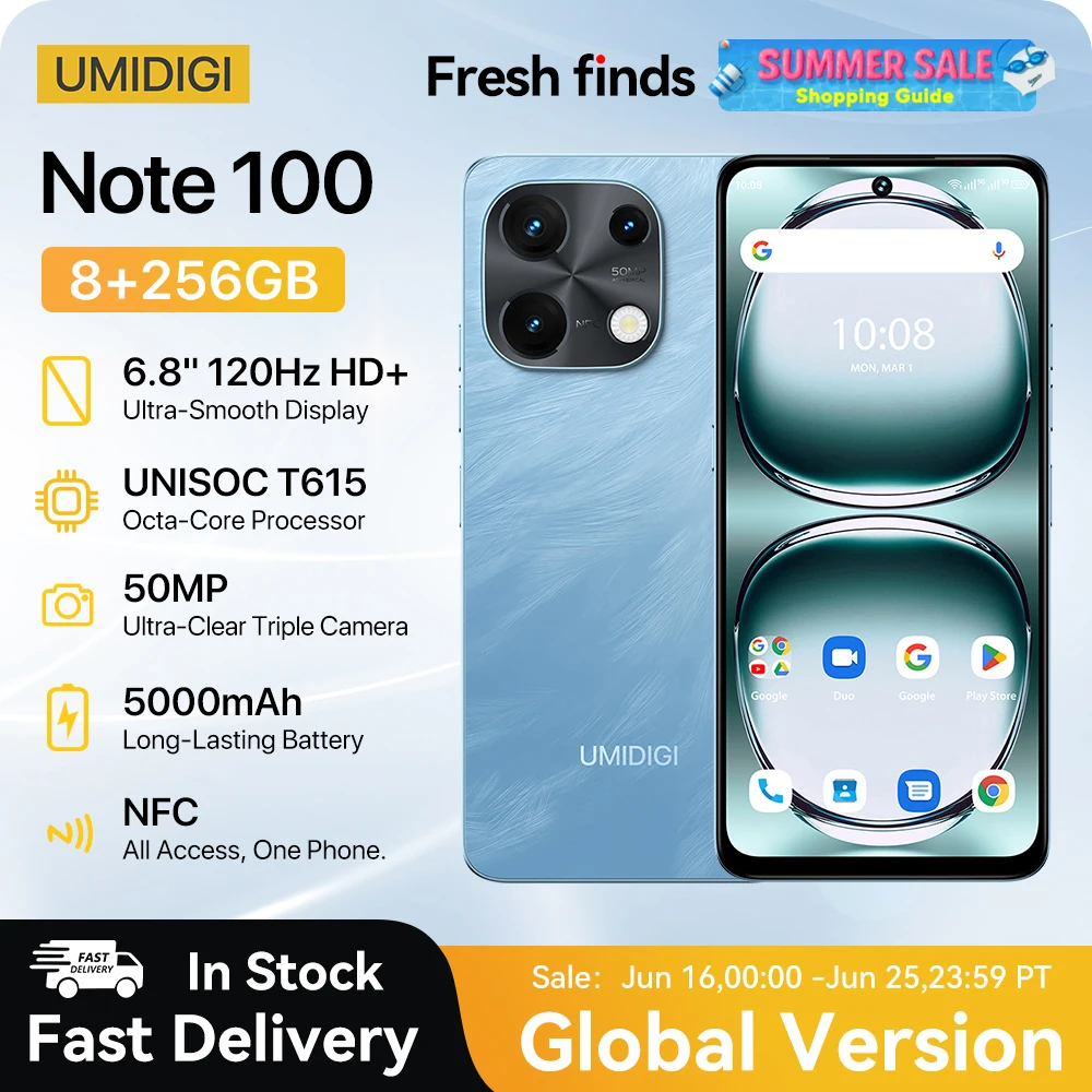 

[NEW]UMIDIGI Note 100 Android 14 Smartphone 6.8” HD+ 120Hz 50MP Camera 8GB 256GB/6GB 128GB 20W 5000mAh Dual SIM NFC