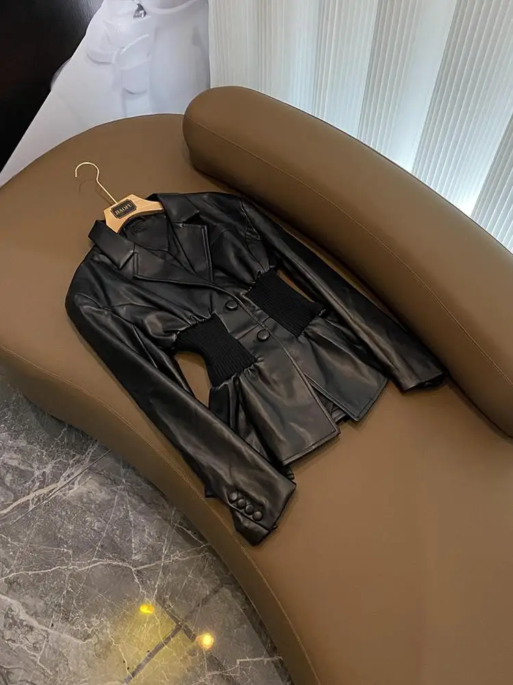 

Superior Design Sense PU Jaet Вязаное пальто в стиле пэчворк с застежкой на талии 628, длинное пальто на двойных пуговицах для поездок на работу