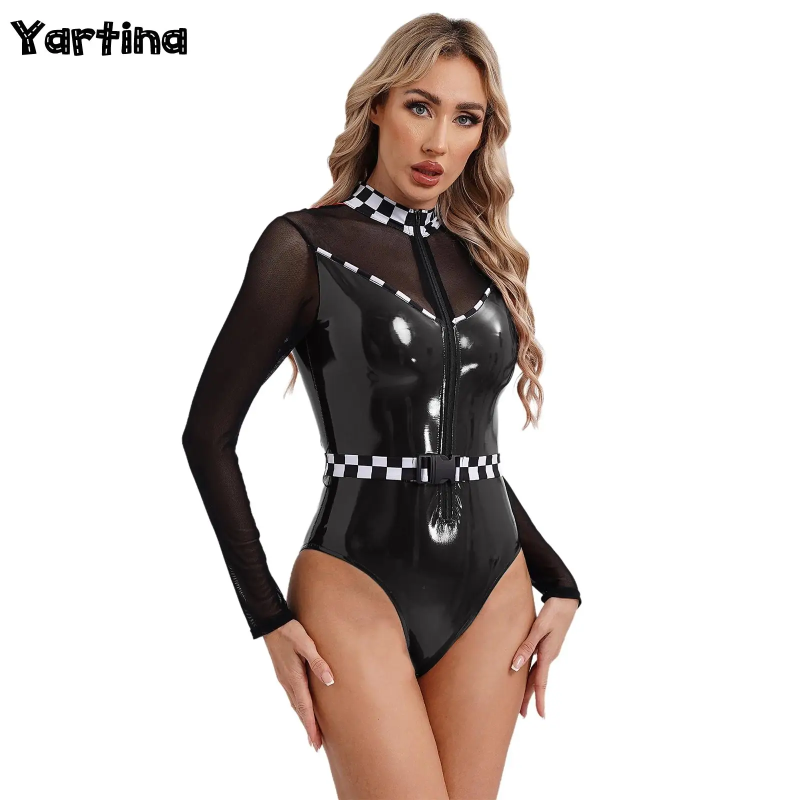 

Sexy Womens Speed Racer Driver Bodysuit with Belt Checkerboard Sheer Mesh Front Zipper Patent Leather Leotard Jumpsuit Clubwear