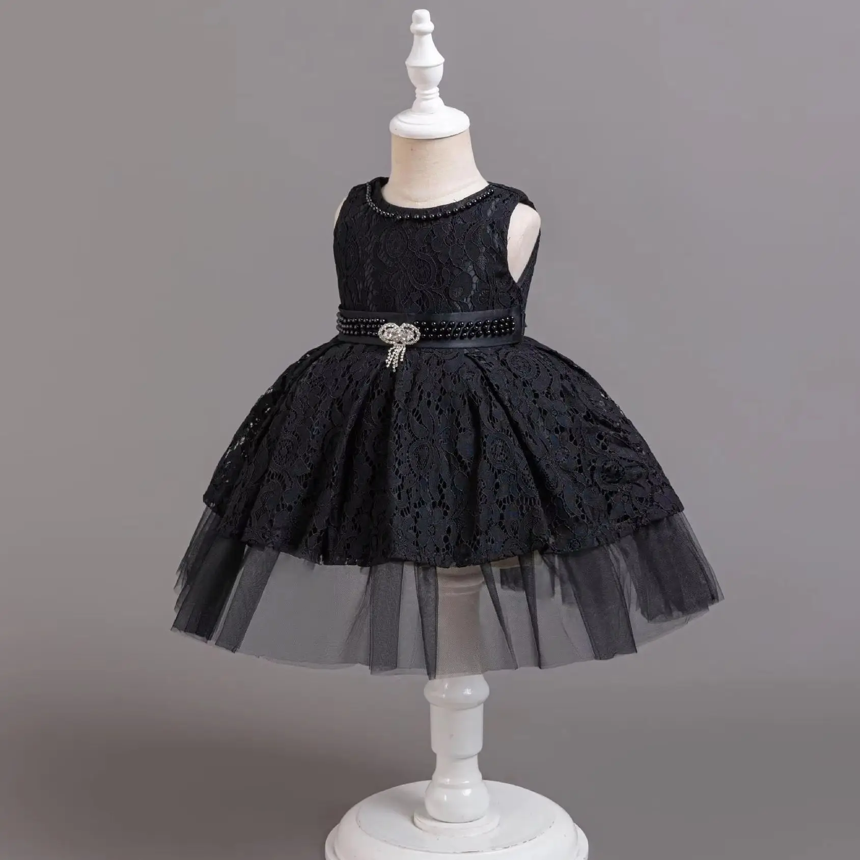 Girl\'s Dress Lace Sleeveless Applique Princess Dress Wedding Flower Girl One Year Host Performance Dress for 0-3 Years