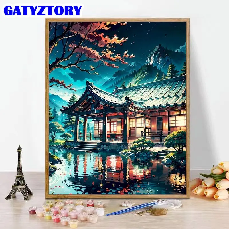 

GATYZTORY 40x50cm With Frame Painting Paint By Numbers House Courtyard Scenery Oil Painting Decorative Hanging Picture