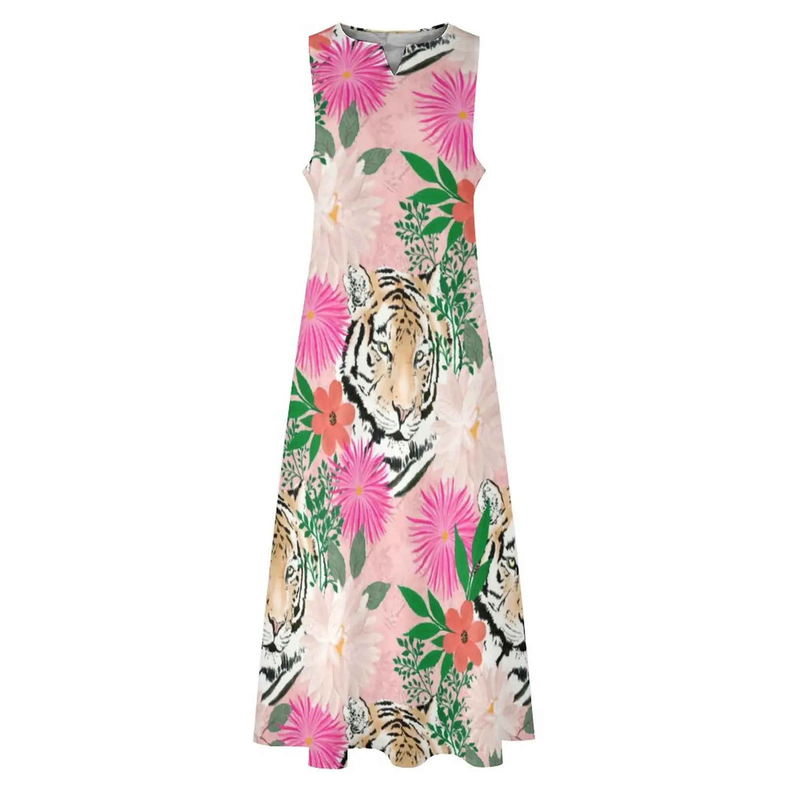 Tiger Animal Print Jurk Aquarel Bloemen Nachtclub Maxi Jurk Street Style Boho Strand Lange Jurken Zomer V-hals Vestidos