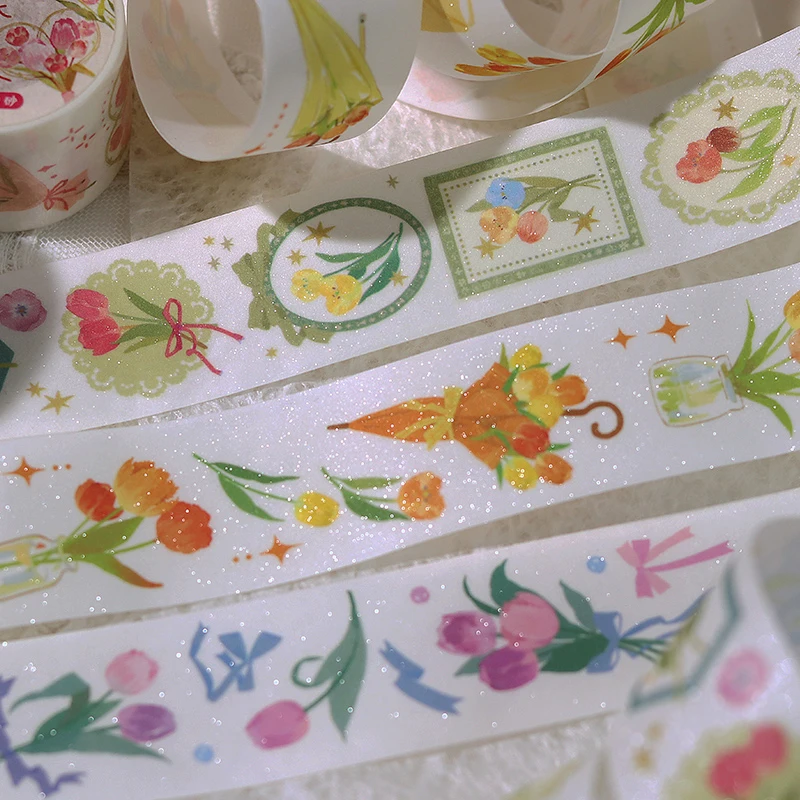 

Kawaii Pearlescent Frosted Tape Yuxiangting Poems Flower Plants Ins Handbook Material Decoration Sticker Whole Roll