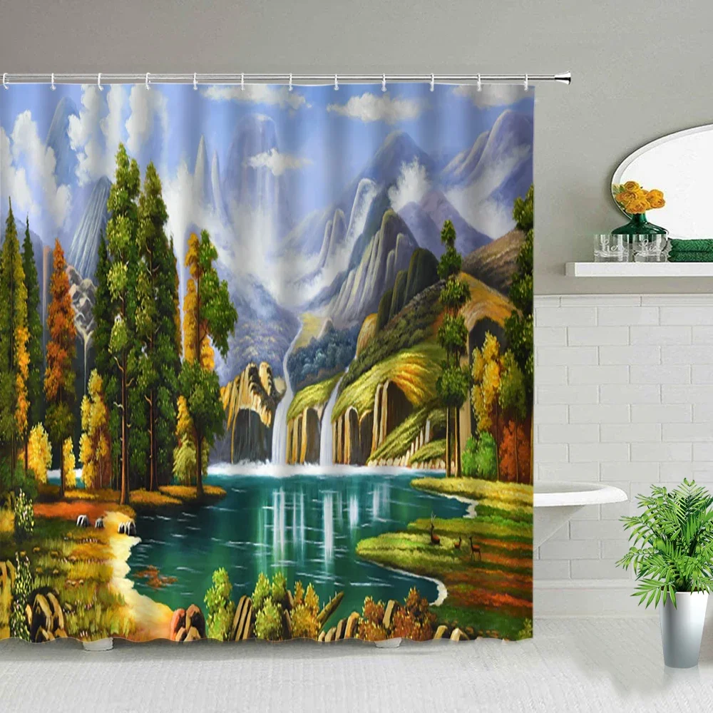 European Style Rural Oil Painting Scenery Shower Curtains Flowers Plant Swan Landscape Waterproof Bathroom Decor Cloth Curtain