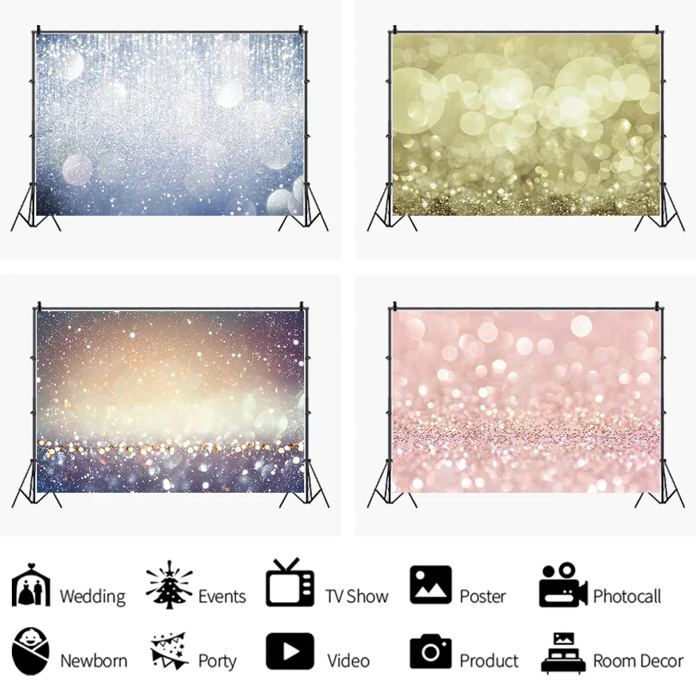 بقع ضوء أشقر وخلفيات لامعة من الترتر الفضي ، ديكورات خلفية للصور للحفلات ، إكسسوارات للتصوير الفوتوغرافي