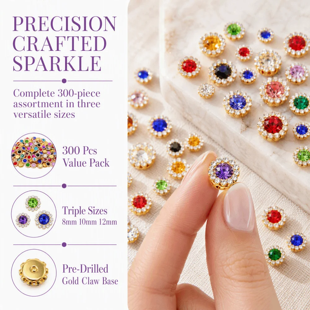 300pcs Assorted Color Rhinestone Buttons Bright Finish Gold Tone Base Rhinestone Claw Cup Glass Rhinestone Multi Size