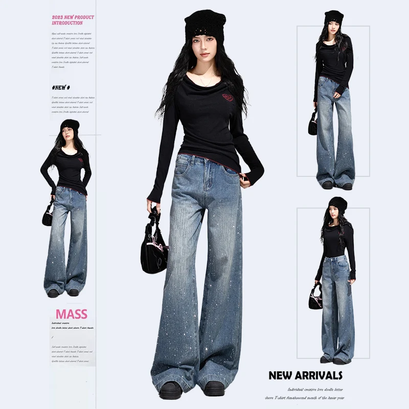 

Popular rhinestone wide-leg pants in vintage blue with fine sparkling rhinestones, simple and versatile long pants