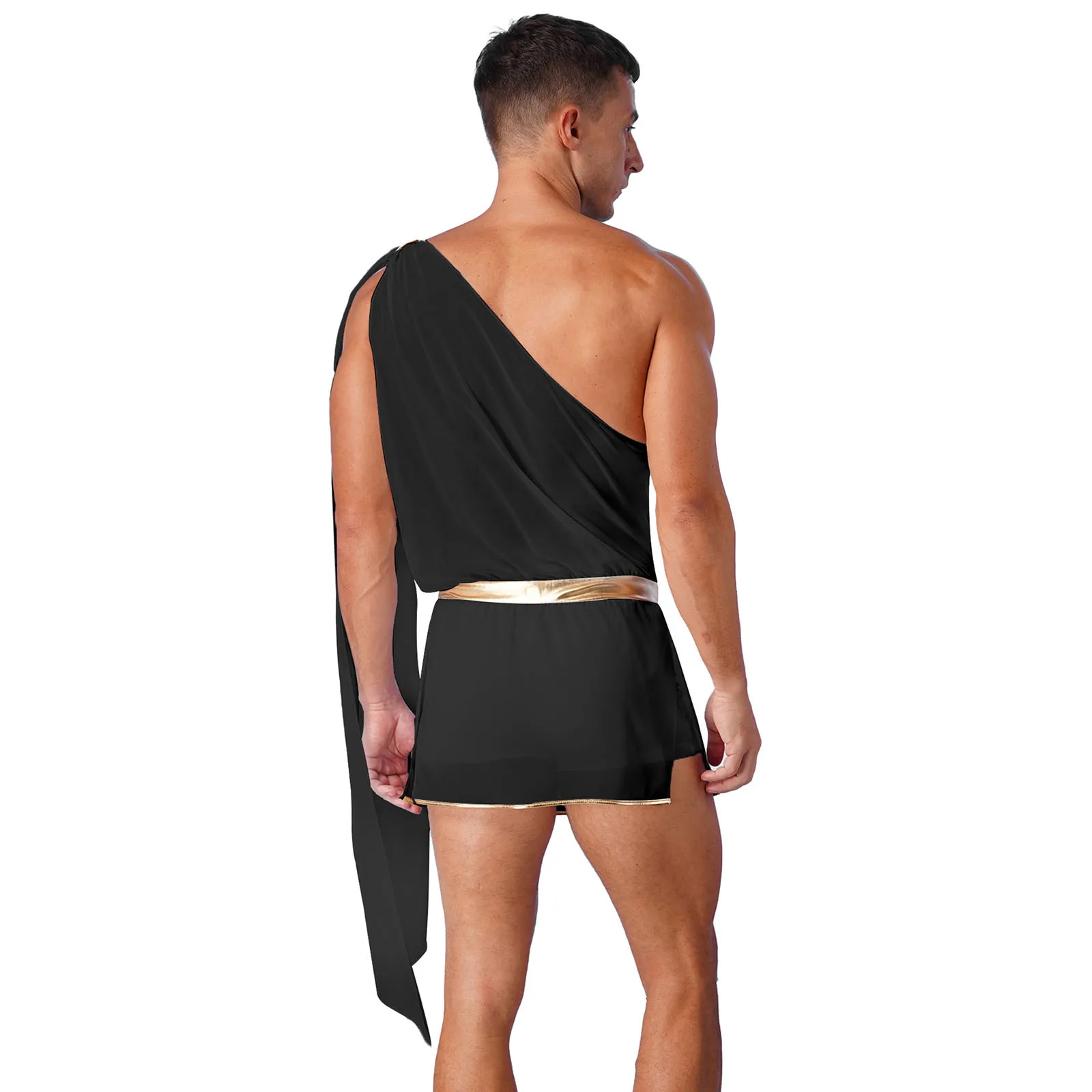 Mens Ancient Greek God Toga Gladiator Party Cosplay Costume One Shoulder Jumpsuit Roman Toga Dress with Slit Ruffle Skirts Cuff